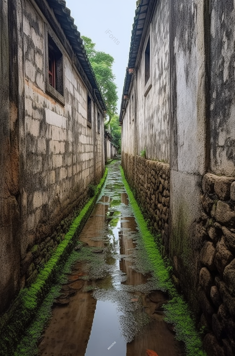 浅黄色雨后居民乡村羊肠小路积水苔藓摄影美景,高清,摄影图,摄影图片,图片大全,摄影图免费下载